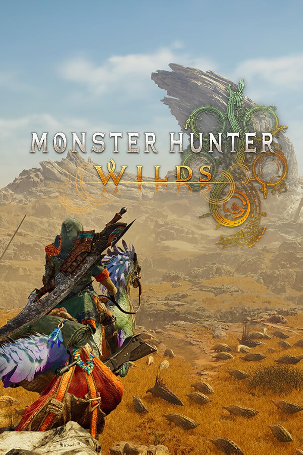 A modern and aesthetic representation of Monster Hunter Wilds featuring a hunter facing off against a giant beast in a mystical forest.