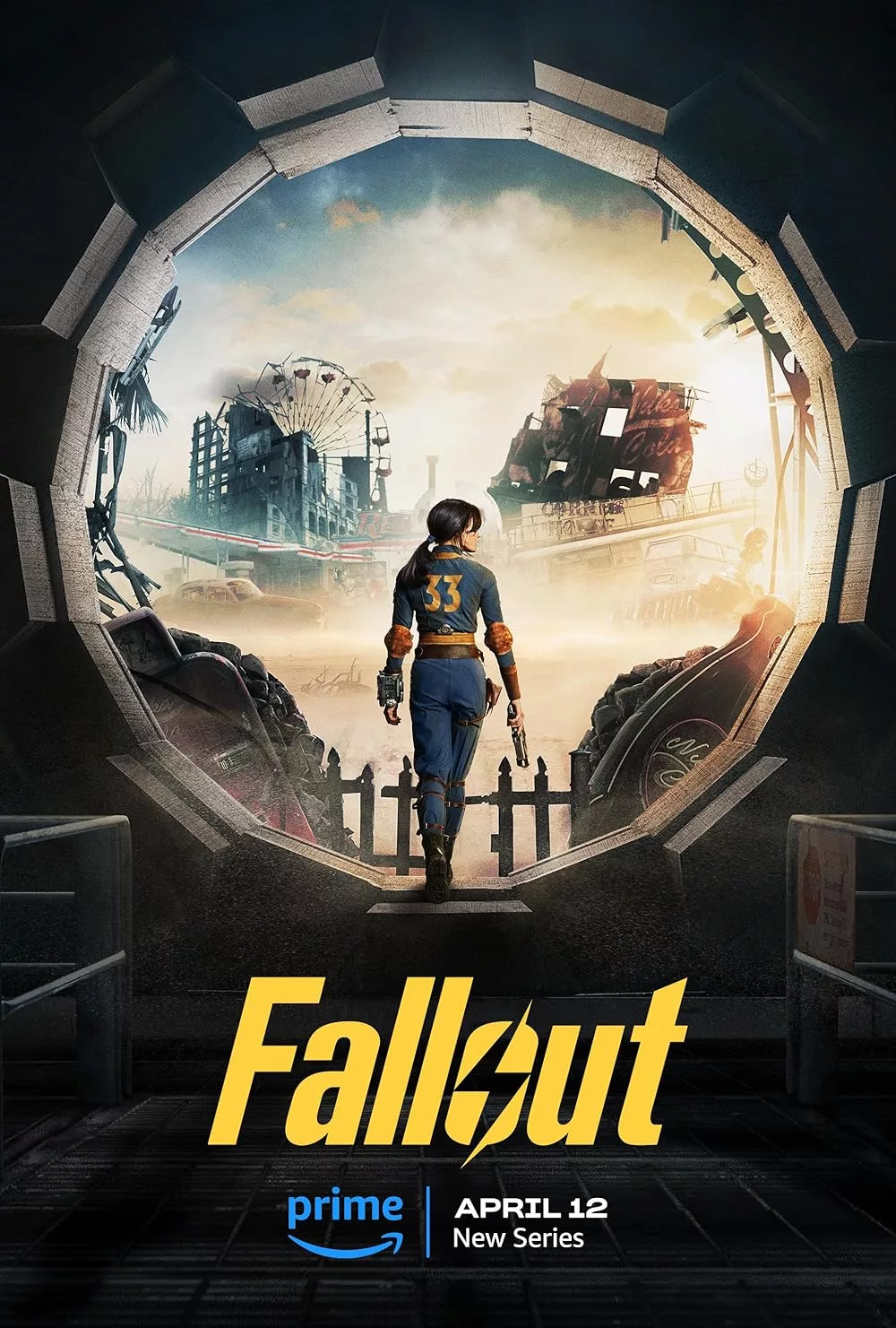 A striking post-apocalyptic landscape inspired by the Fallout TV series, featuring a solitary wanderer in a wasteland.