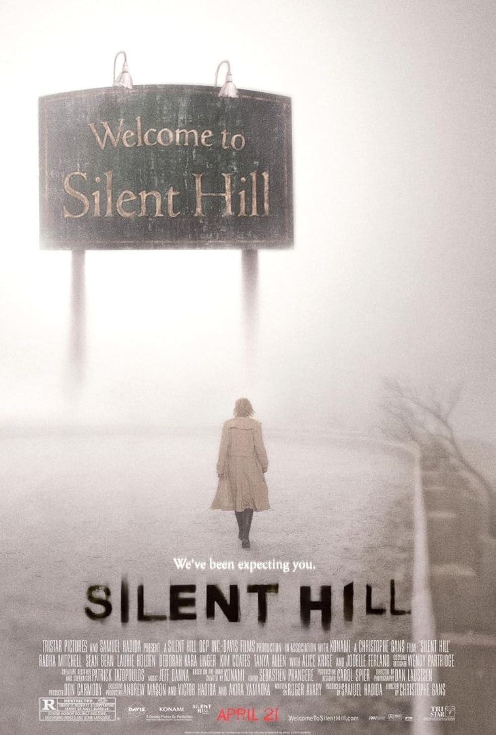A haunting representation of an abandoned town inspired by Silent Hill, featuring foggy streets and eerie lighting.
