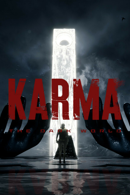 Promotional poster for the movie 'Karma: The Dark World' featuring a cloaked figure and a mystical landscape.
