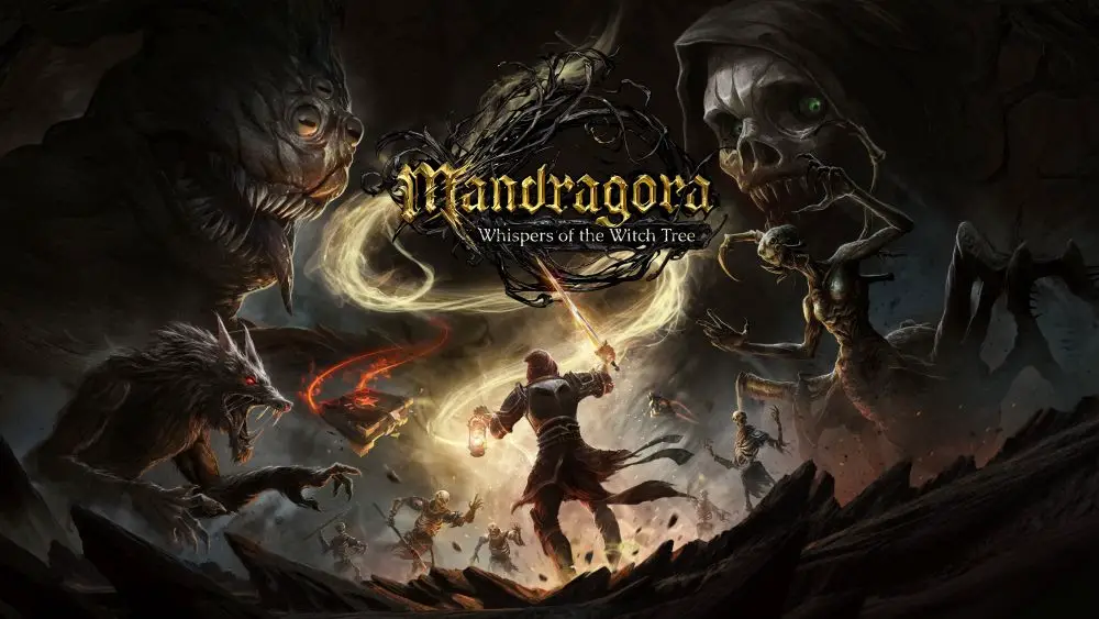 A modern and aesthetic illustration depicting the essence of the Mandragora game and its expansion, showcasing a dark fantasy world with magical elements.