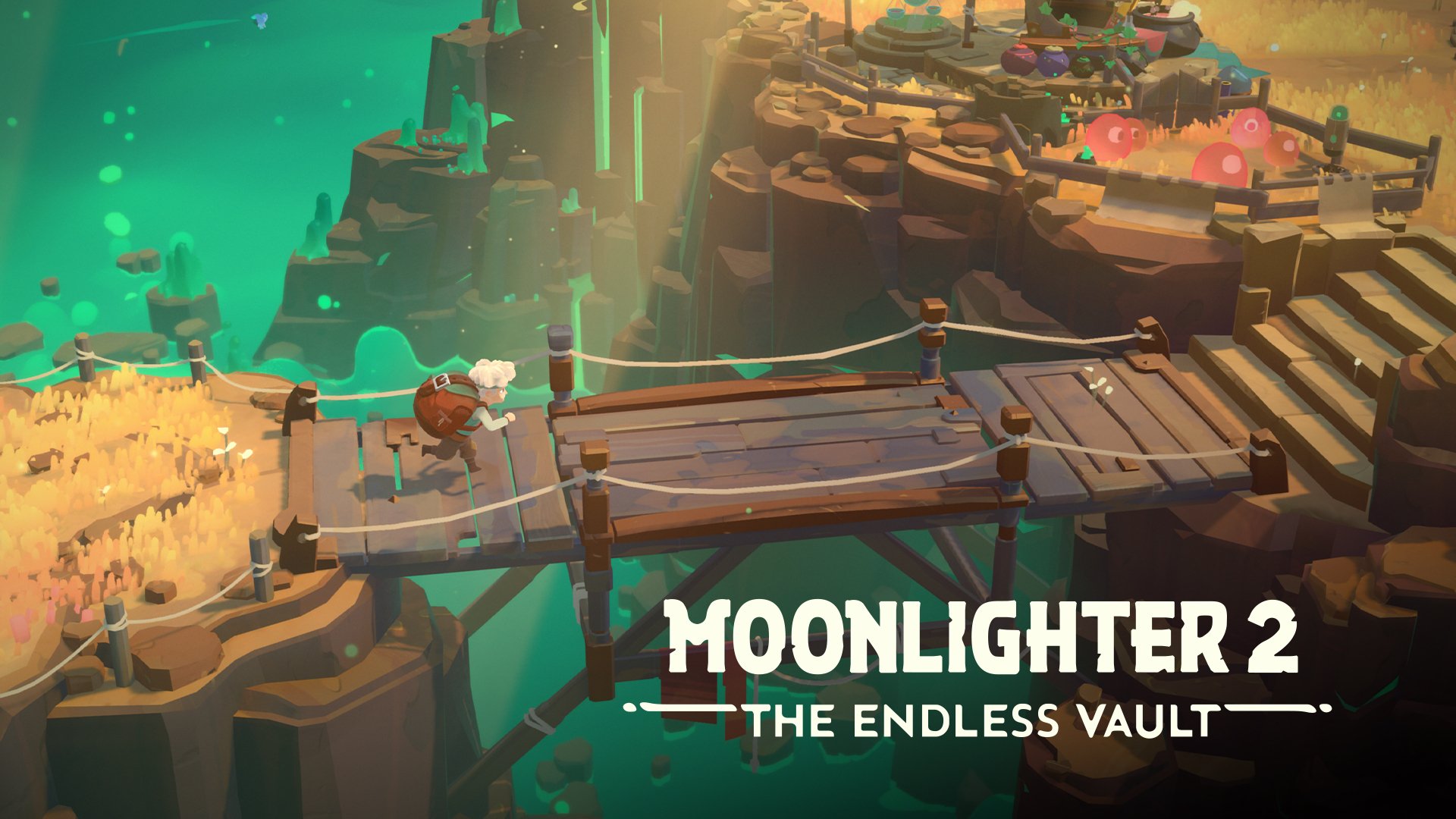 A vibrant and enchanting visual design inspired by 'Moonlighter 2: Infinite Treasure', featuring technological elements and a magical atmosphere.