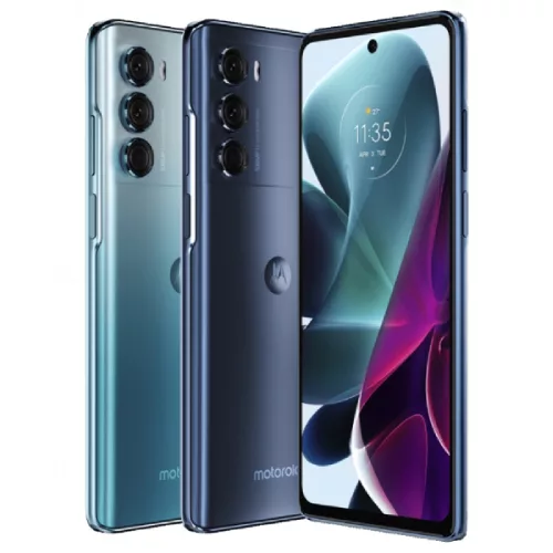 Modern design image of Motorola Edge 60 Pro smartphone showcasing its features and aesthetic in a tech-themed environment.