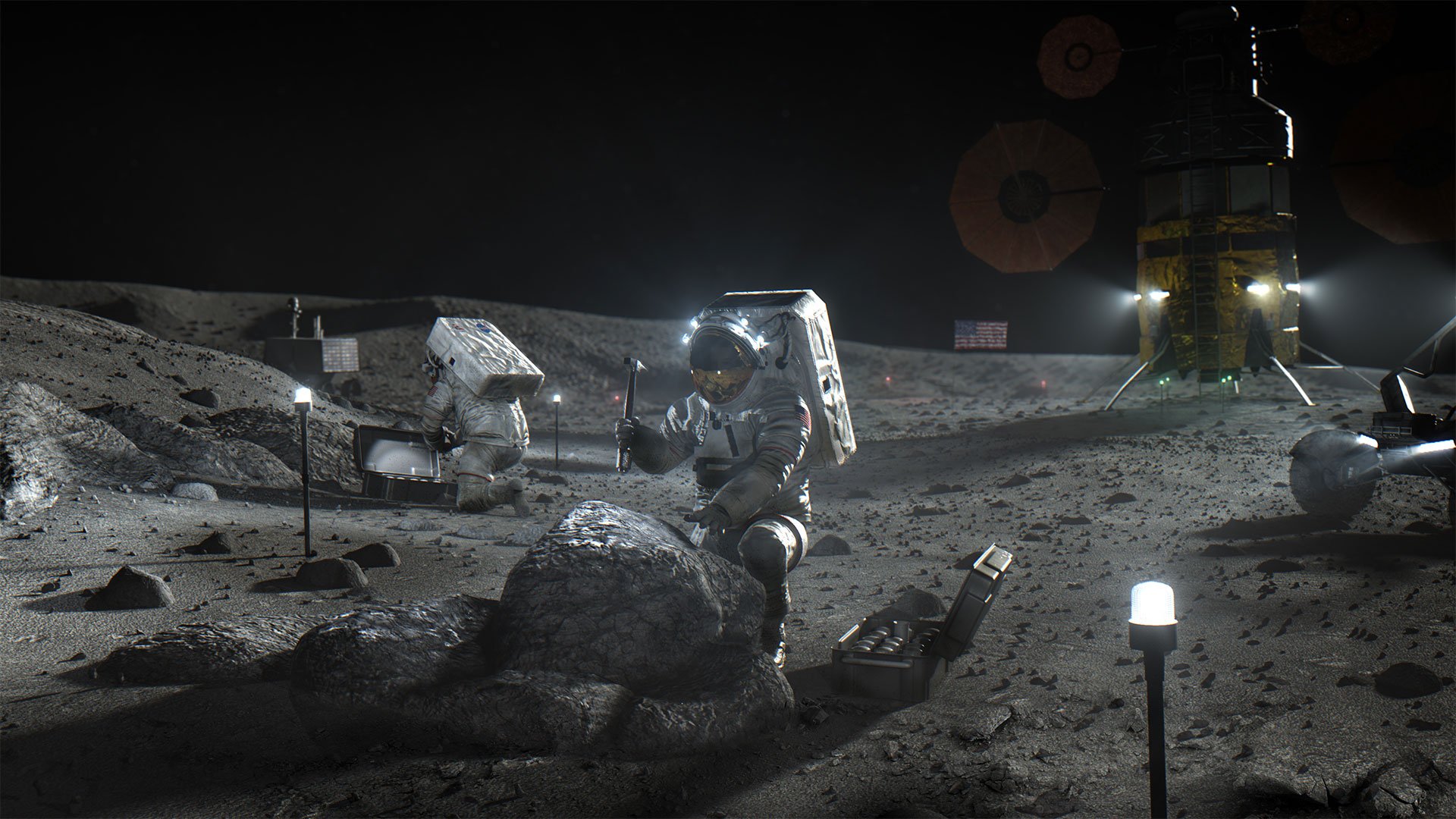 A futuristic lunar data center designed for space exploration preparations, showcasing advanced technology and spacecraft.