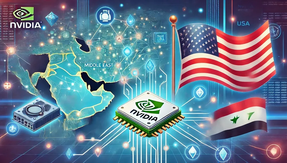 A modern and creative illustration depicting NVIDIA's Middle East AI agreement, showcasing technology and innovation with a futuristic design.