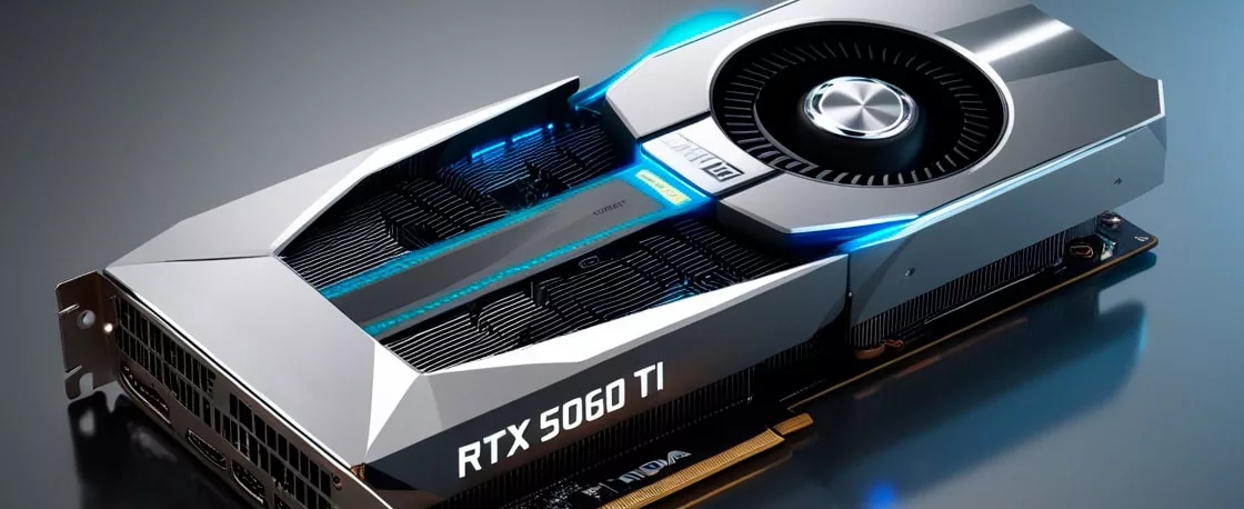 A modern digital illustration showing an NVIDIA RTX 5060 graphics card in a high-tech workstation with troubleshooting tips for a black screen issue.