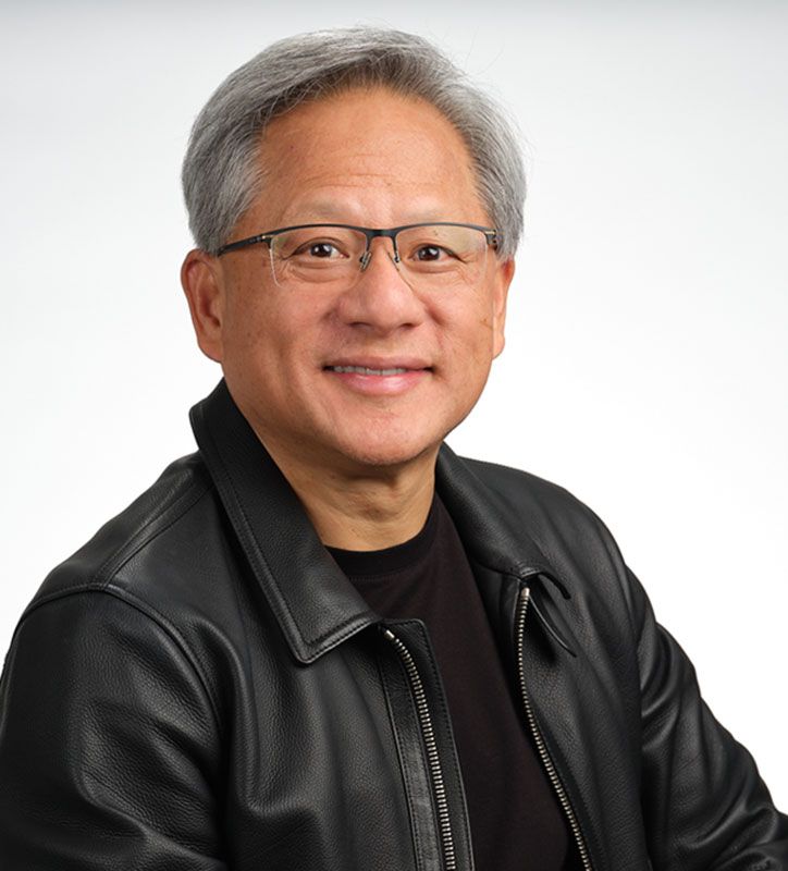 NVIDIA CEO Jensen Huang in China discussing AI solutions against a modern city skyline.