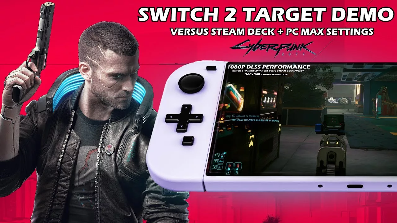 A futuristic graphic design featuring Cyberpunk 2077 on Nintendo Switch 2 with neon lights and a vibrant cityscape.