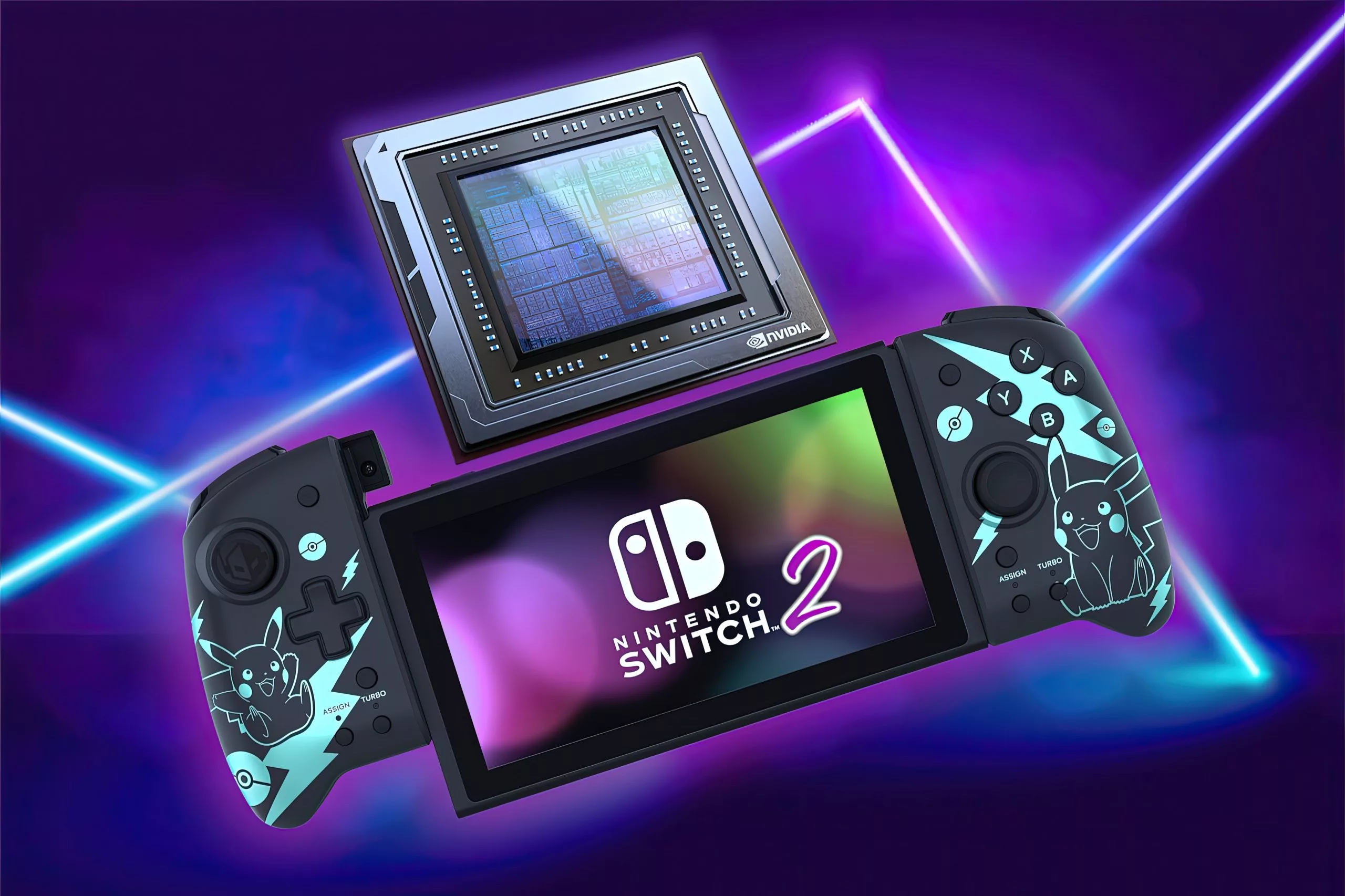 A modern artistic representation of the Nintendo Switch 2, highlighting its features and user limitations in a vibrant and engaging design.
