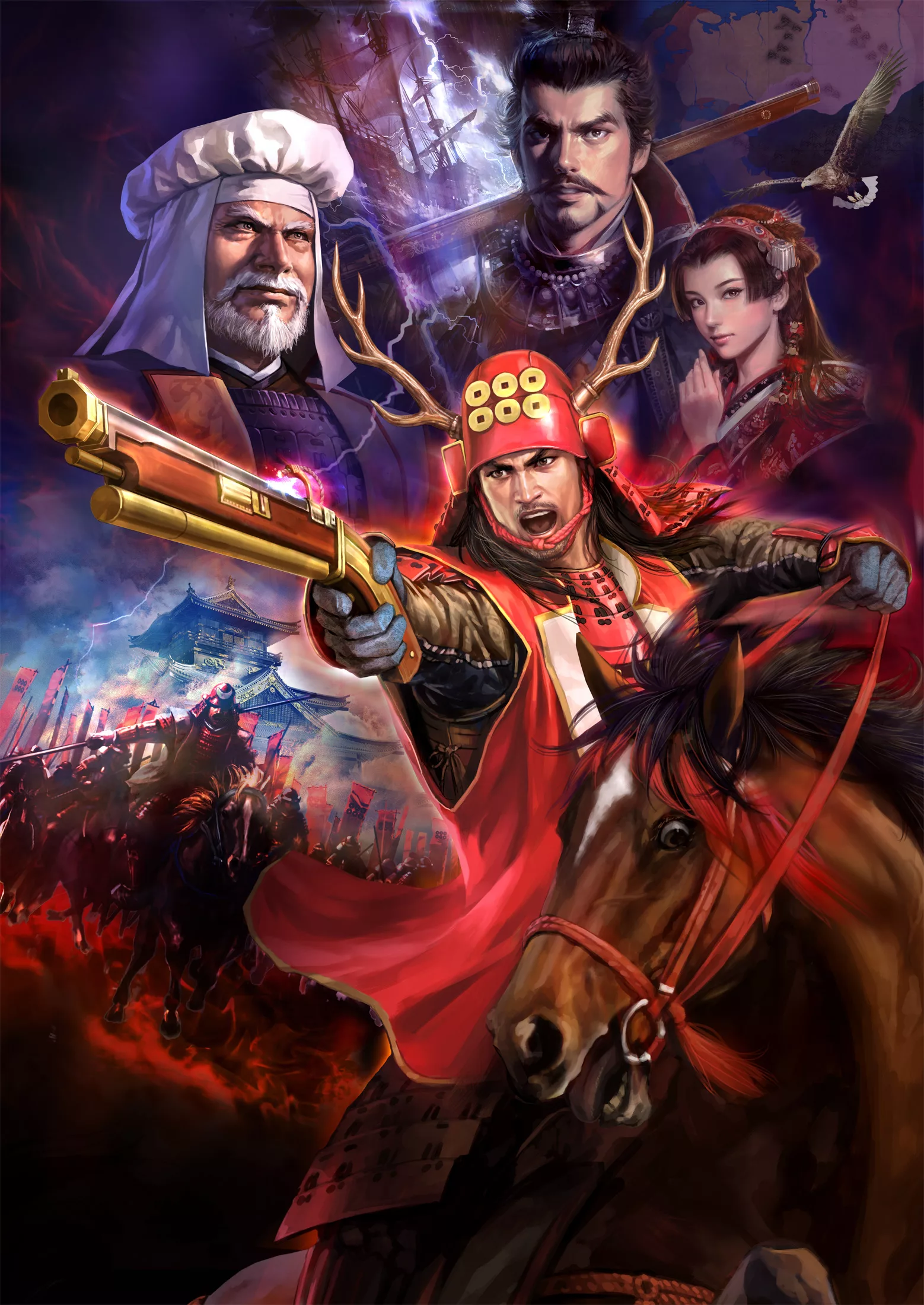 A stunning visual capturing the essence of Nobunaga's Ambition for Nintendo Switch 2 with a samurai and futuristic elements.