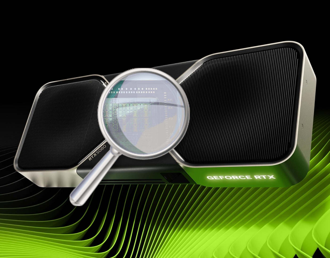 A modern representation of NVIDIA RTX 50 Series graphics cards with a high-tech design and dynamic lighting.