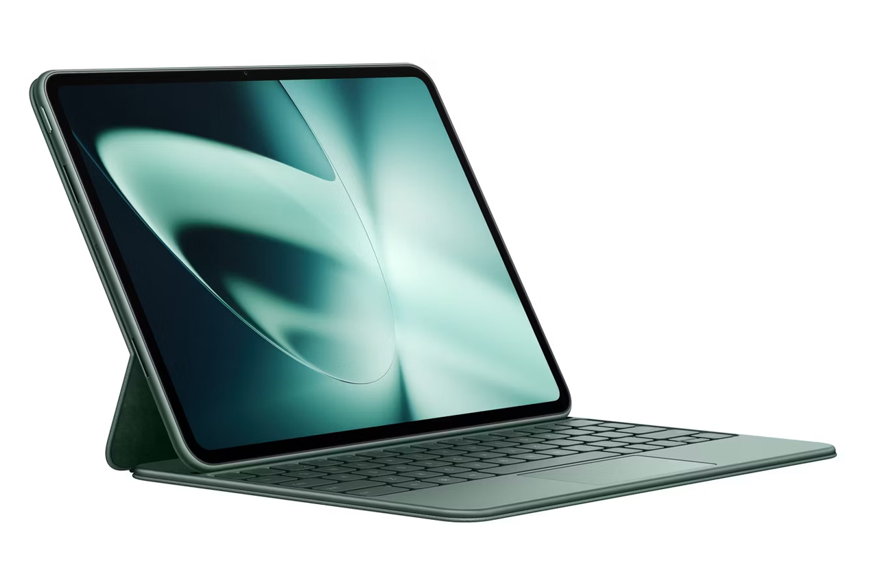 A modern and sleek image of the OnePlus flagship tablet in a minimalistic setting, showcasing its high-tech features.