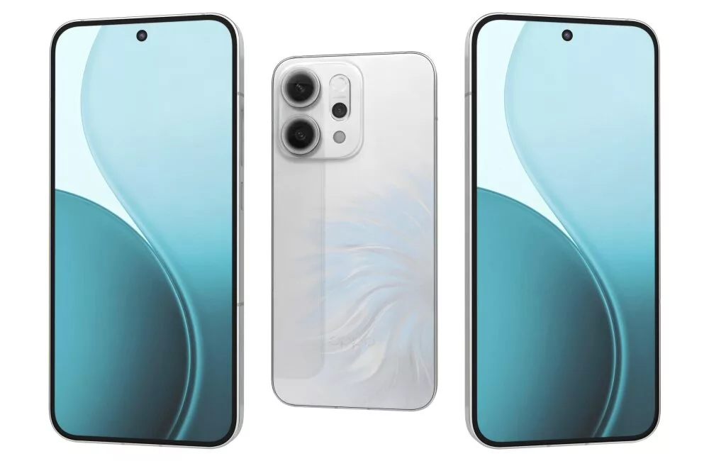 Stylized graphic design of Oppo Reno14 smartphone showcasing its modern features and aesthetic appeal.