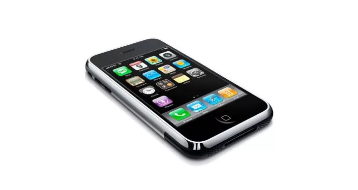 A modern graphic design celebrating the 20th anniversary of the iPhone, showcasing innovative designs and Apple's evolution.