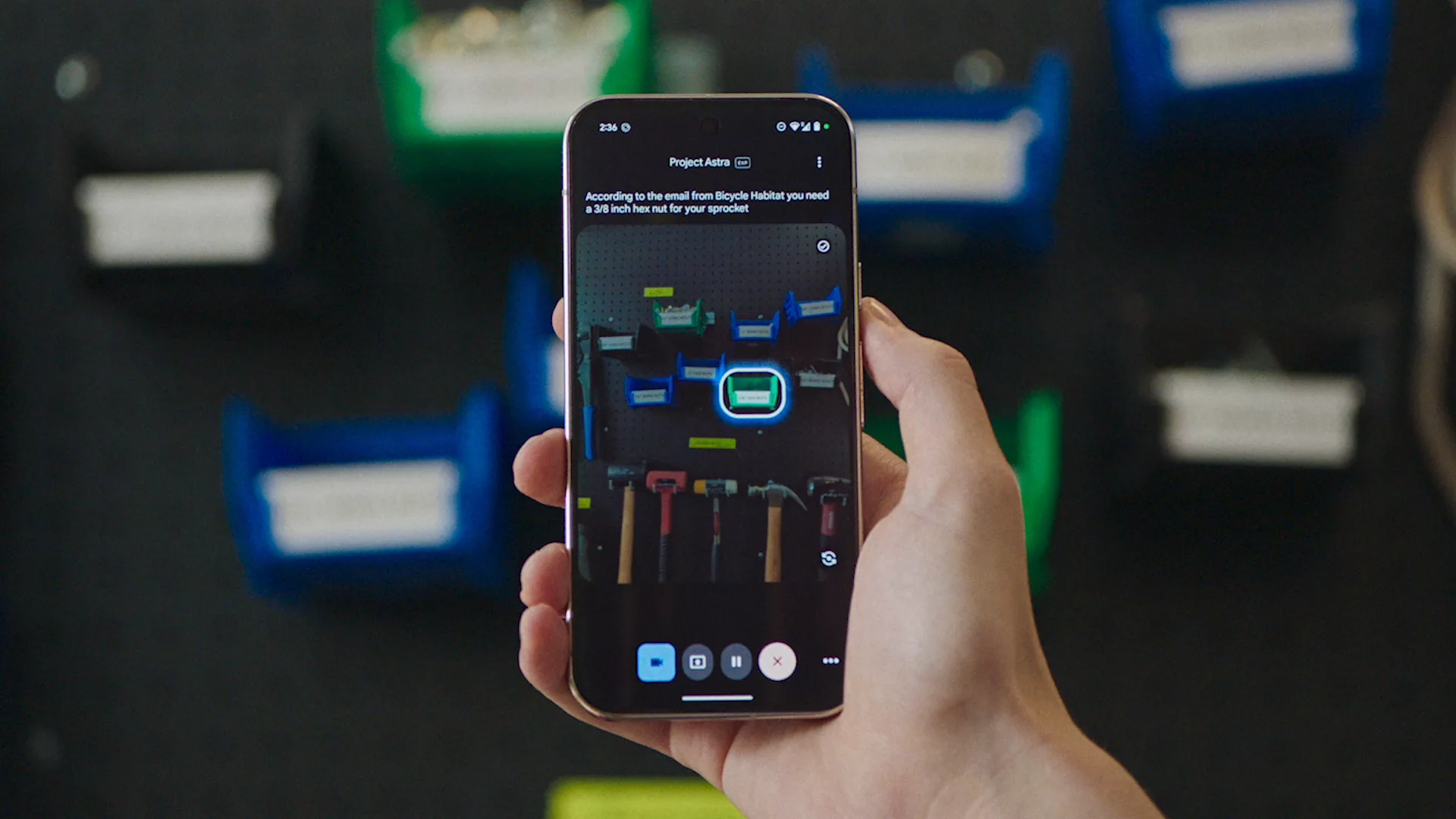 Futuristic AI assistant from Project Astra introduced at Google I/O 2023 in a modern tech conference setting.