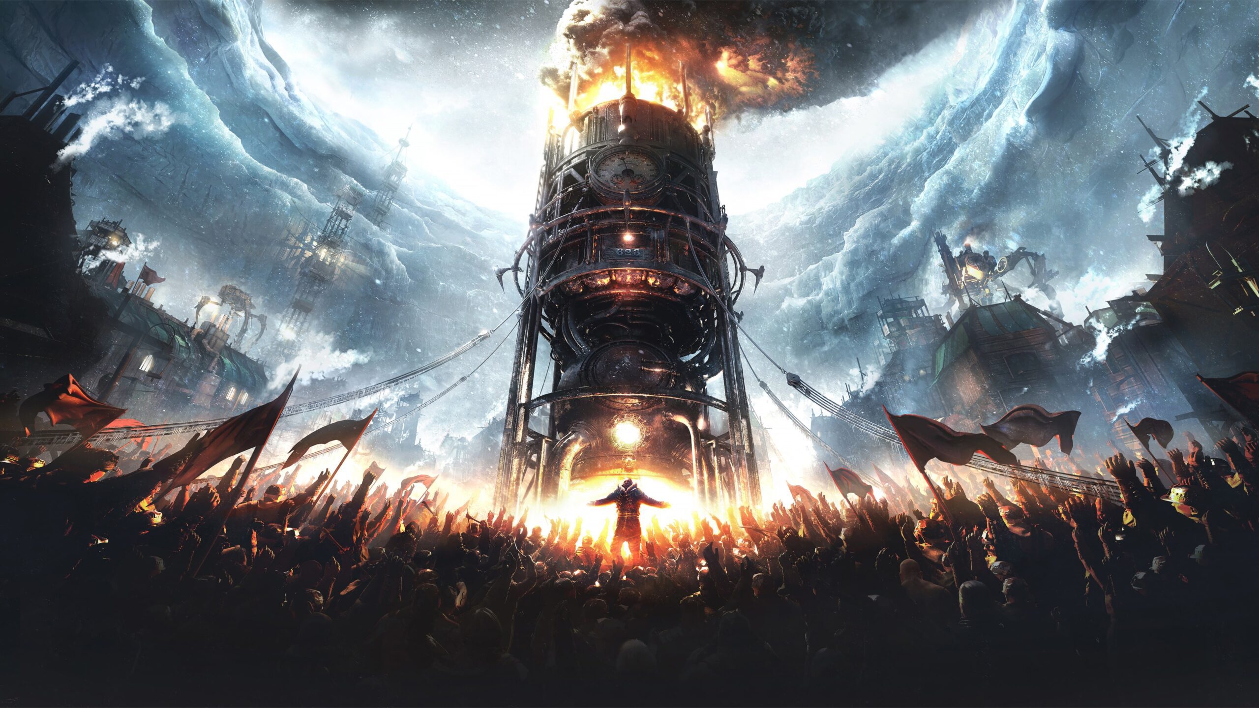 Futuristic and technological ice-covered cityscape inspired by Frostpunk, showcasing a blend of survival and innovation themes.