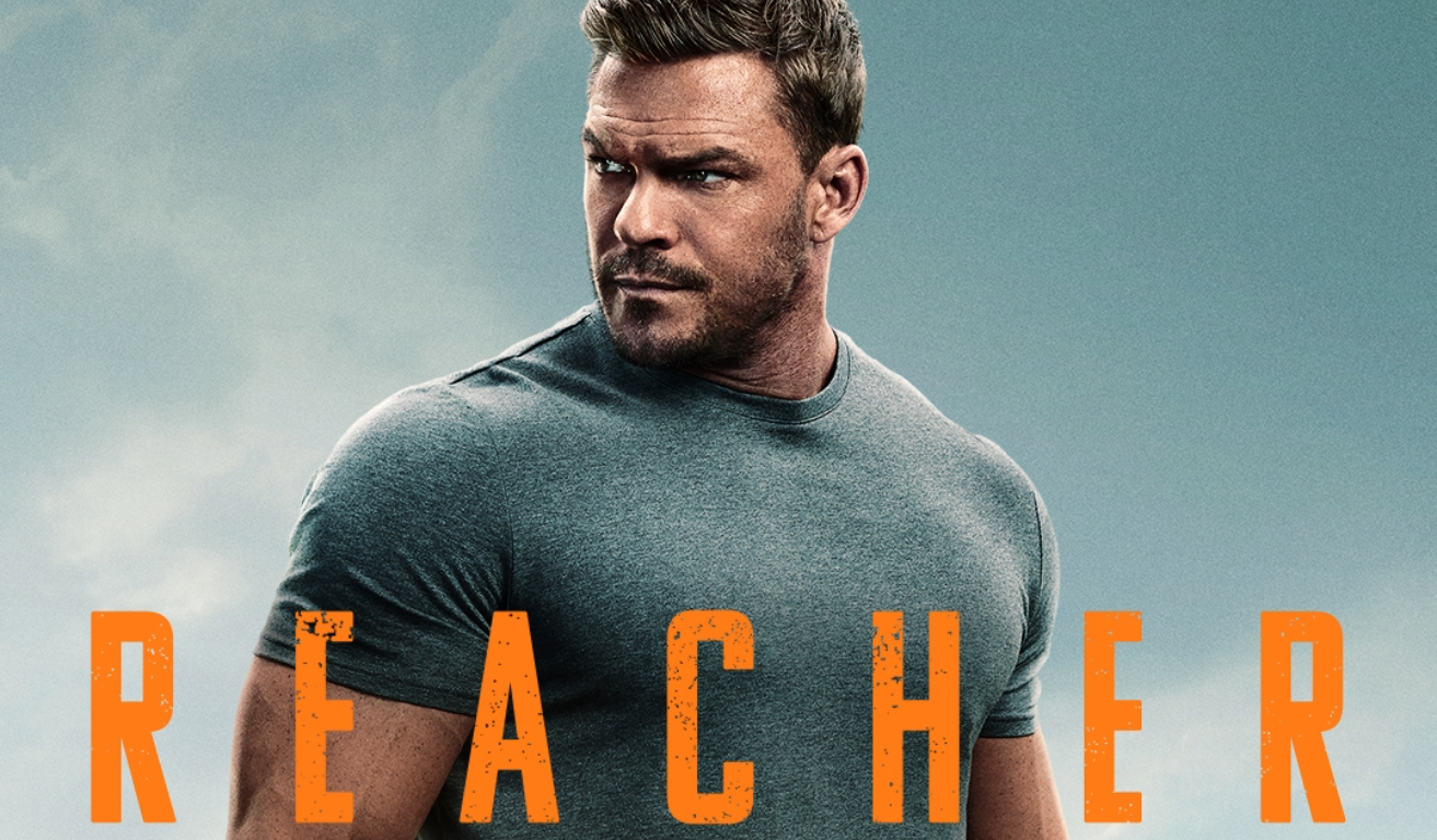 A modern and aesthetic promotional image for Reacher Season 3, highlighting its record-breaking viewership with a thrilling atmosphere.