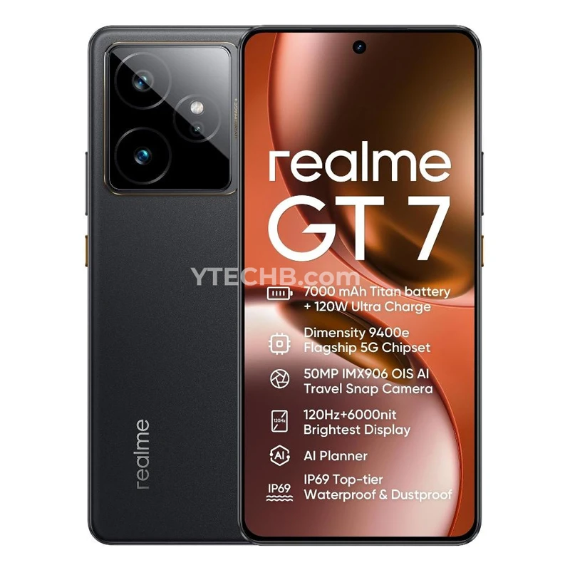 A stylish illustration of the Realme GT 7T smartphone displayed in various colors with a tech-inspired background, featuring specifications and pricing.