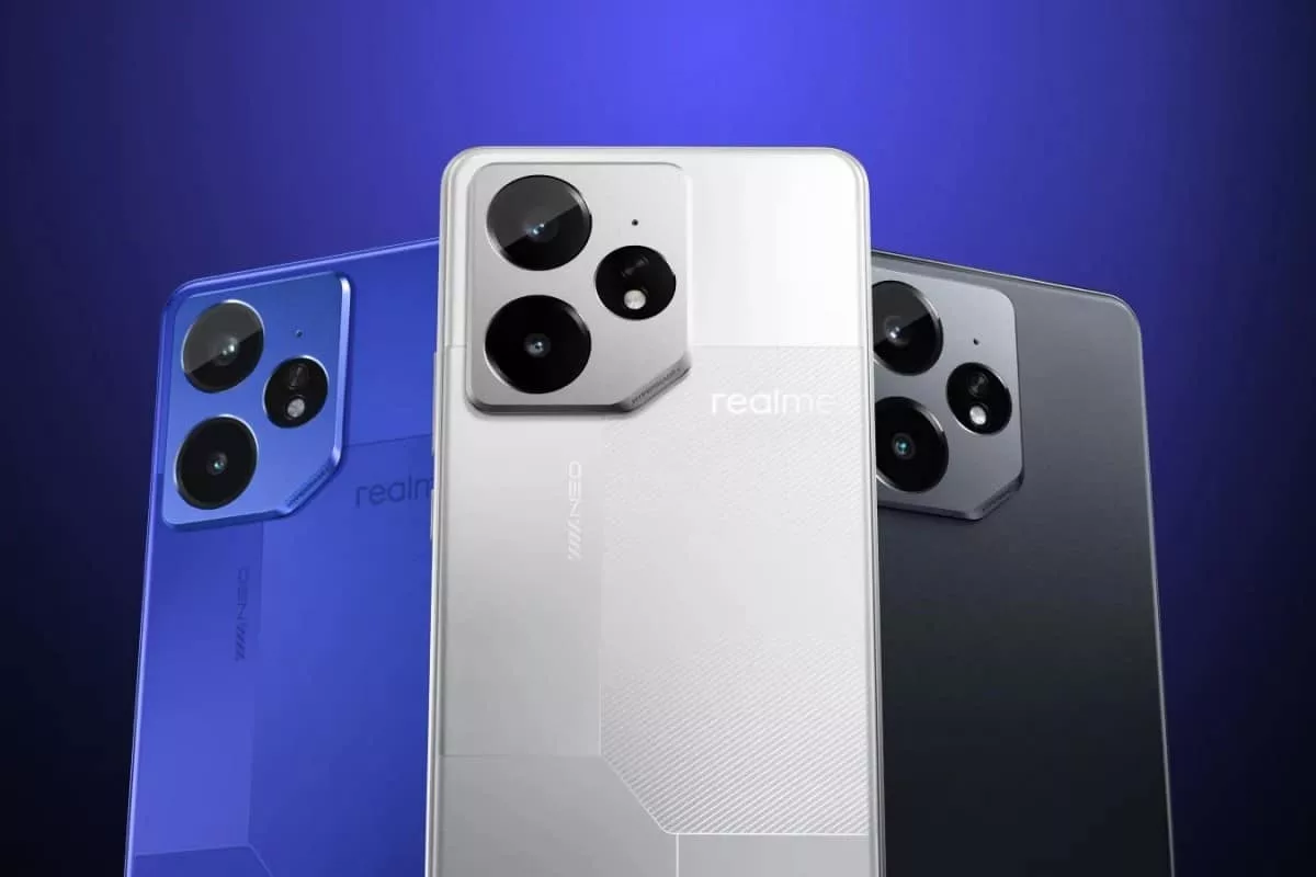 High-quality modern design of Realme Neo7 Turbo smartphone showcasing its powerful performance against a dynamic tech-themed background.