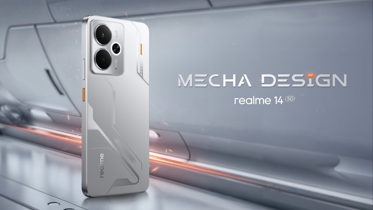Modern and artistic visual representation of Realme 14 5G smartphone with a focus on technology and anticipation for its release in Turkey.