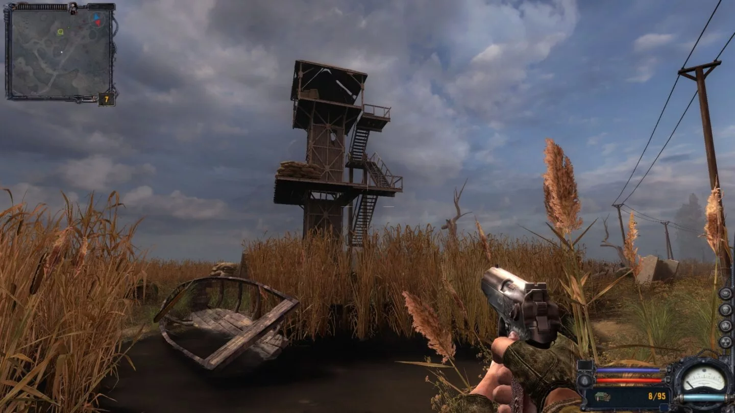 Concept art for STALKER Legends Of The Zone Enhanced Edition, showcasing a post-apocalyptic landscape with high-tech elements.