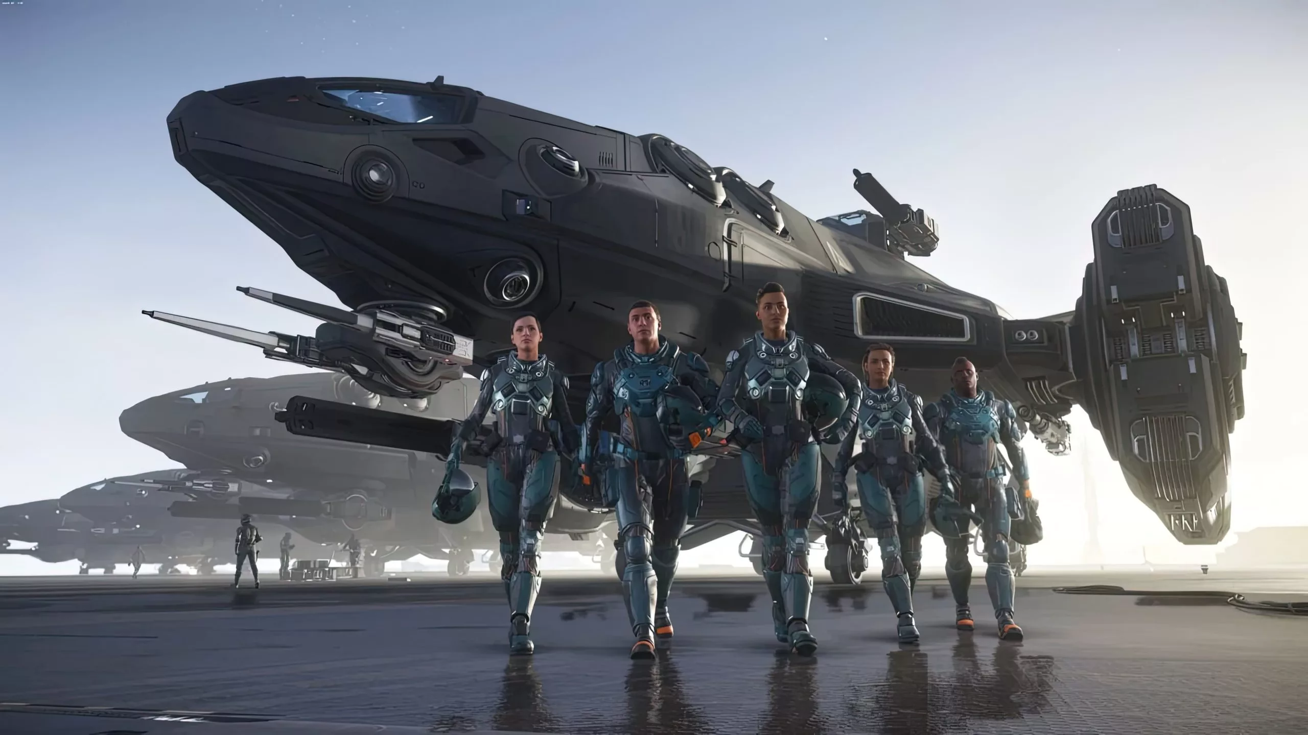 Futuristic cinematic animator's workshop inspired by Star Citizen, featuring advanced technology and a sci-fi atmosphere.