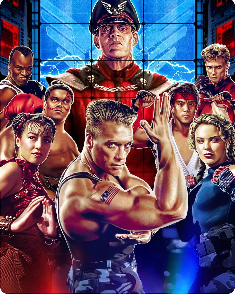 A dynamic and vibrant digital artwork inspired by Street Fighter, featuring iconic characters in an action pose, set against a futuristic urban backdrop.