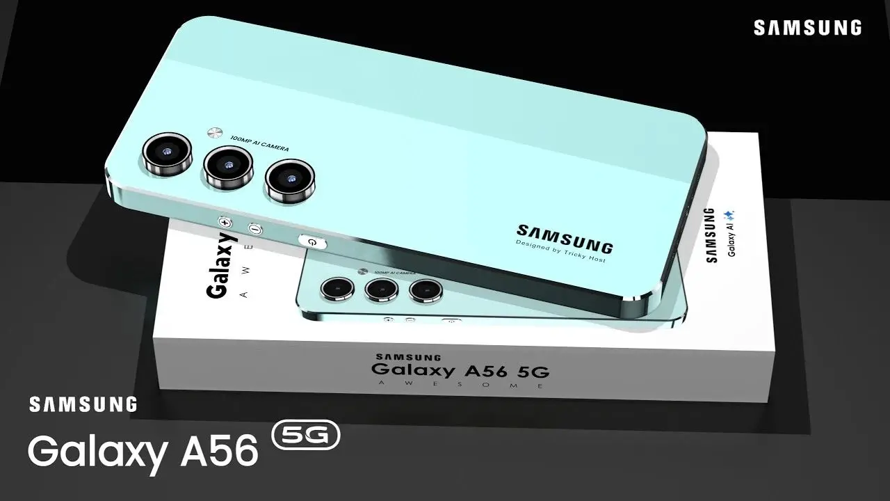 A modern illustration of Samsung Galaxy A56 with a bootloop screen surrounded by abstract tech patterns, ideal for blogs and social media.