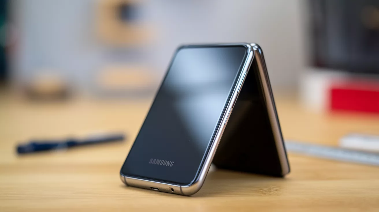 High-quality visual of the Galaxy Z Flip 7 FE smartphone in a futuristic setting, showcasing its innovative design.