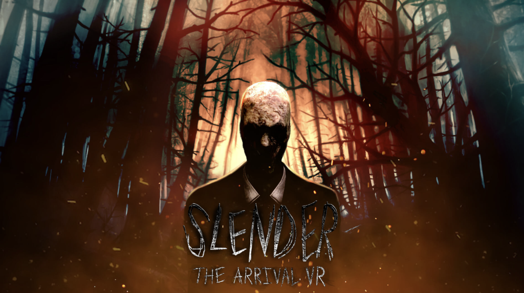 A visually striking representation of 'Slender: The Arrival VR' showcasing a dark forest and technological elements, perfect for horror gaming promotion.