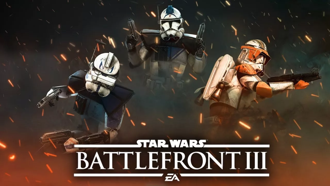 Modern artwork representing Battlefront III and EA's latest developments, featuring futuristic battle scenes and iconic Star Wars elements.