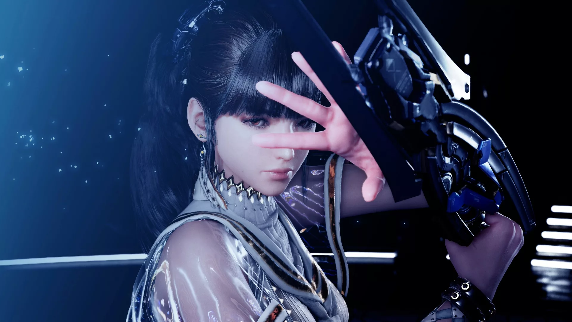 A modern and aesthetic visual for the video game Stellar Blade, highlighting its PC release on June 11.