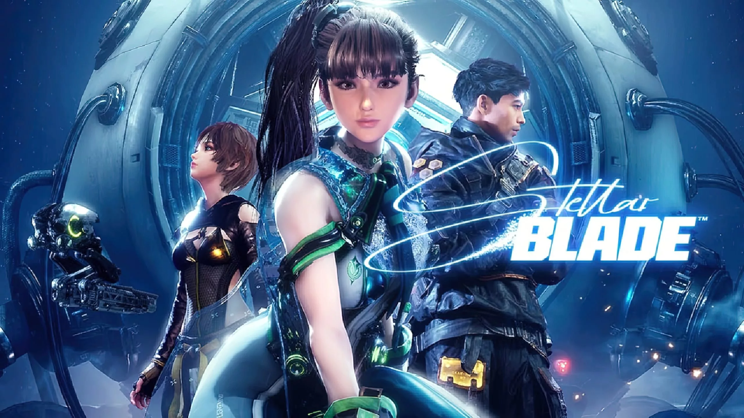 Futuristic digital artwork of Stellar Blade game's launch on PC, showcasing advanced technology, sci-fi landscape, and sleek weaponry.