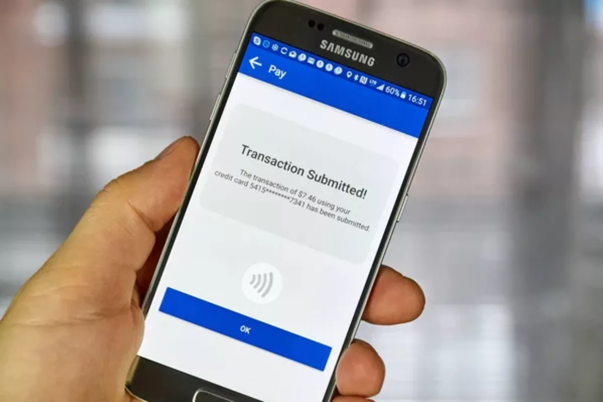Modern graphic showing Samsung Tap to Transfer and Fast Money Transfer services with stylish smartphones and dynamic digital elements.