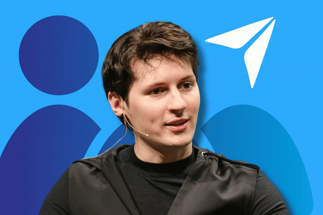 A modern artistic representation of Pavel Durov, CEO of Telegram, set against a futuristic French cityscape, symbolizing technology and communication.