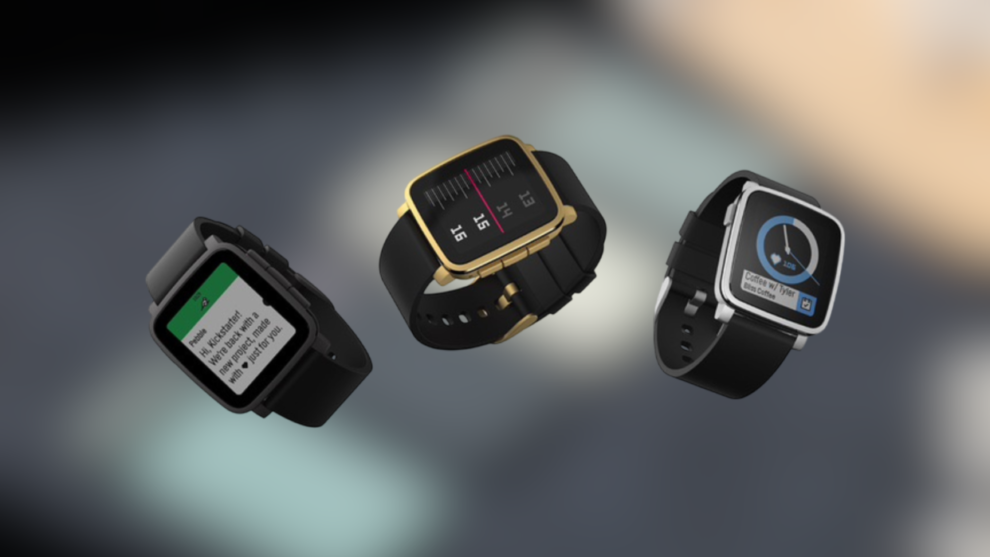 A new Pebble smartwatch displayed on a wooden table, featuring a vibrant digital display and advanced technology.