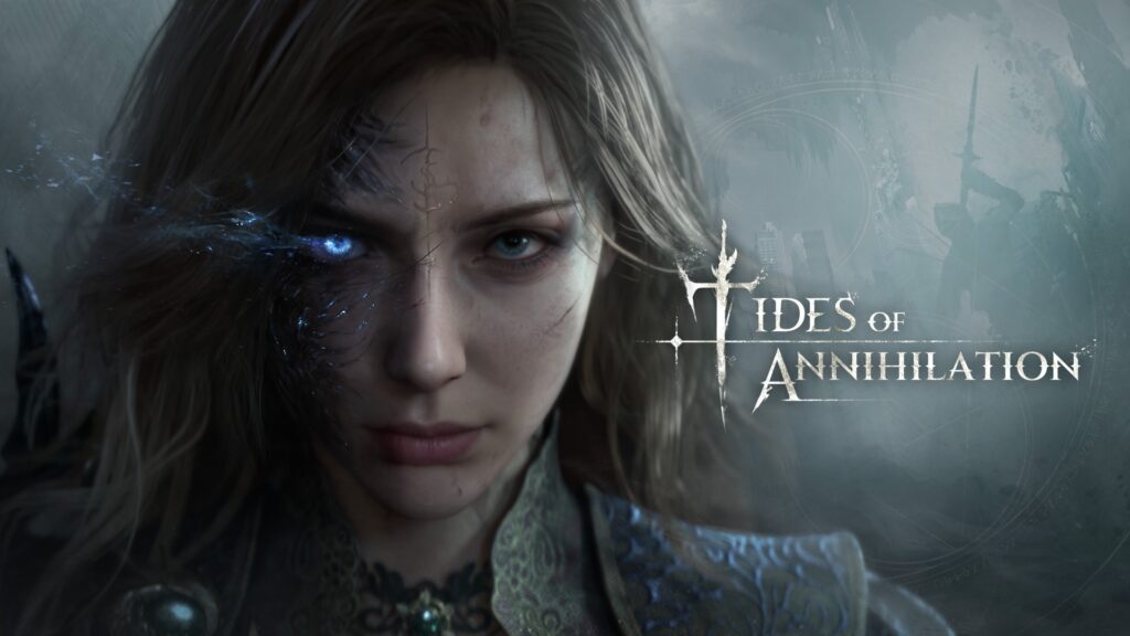 Promotional poster for the video game Tides of Annihilation featuring the character Gwendolyn in a post-apocalyptic London.