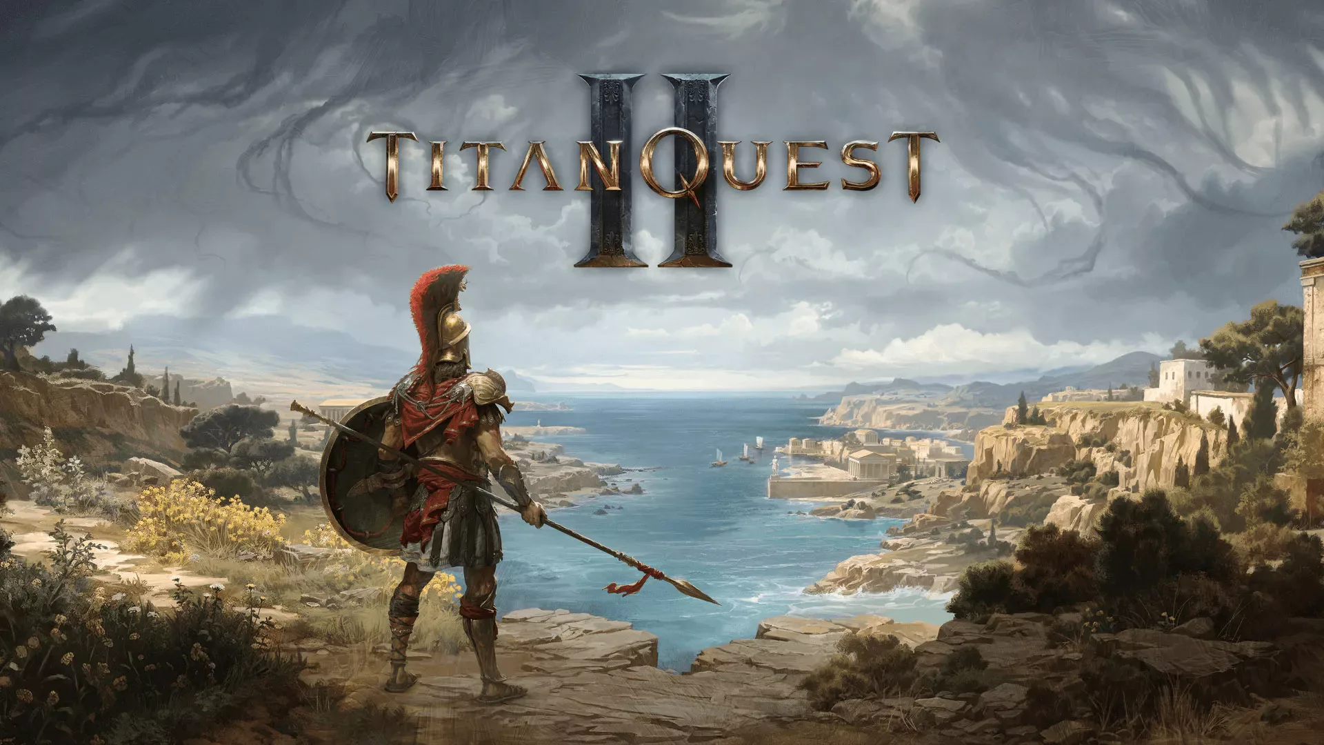 High-quality digital art representing Titan Quest II Early Access launch delay, blending ancient mythology with futuristic elements.