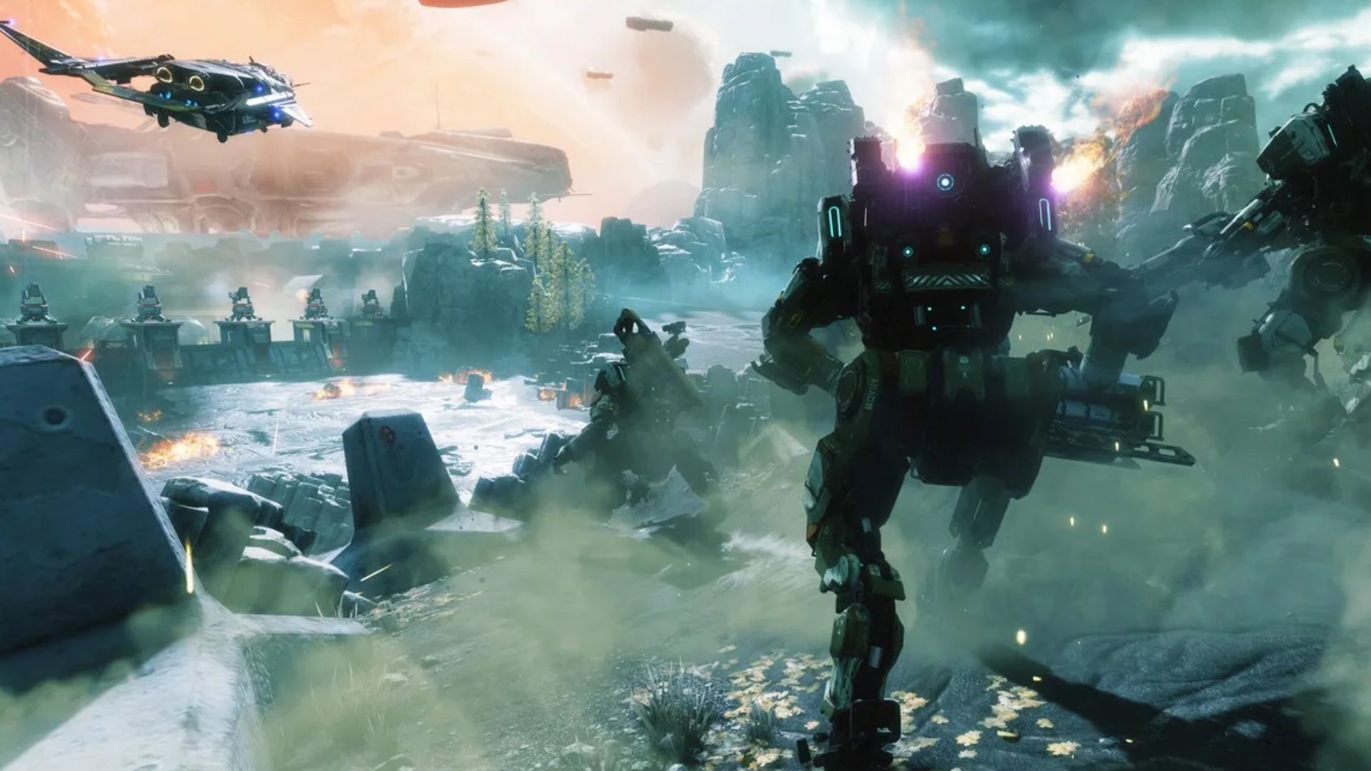 A high-quality digital artwork of Titanfall 3 featuring futuristic mechs and action scenes.