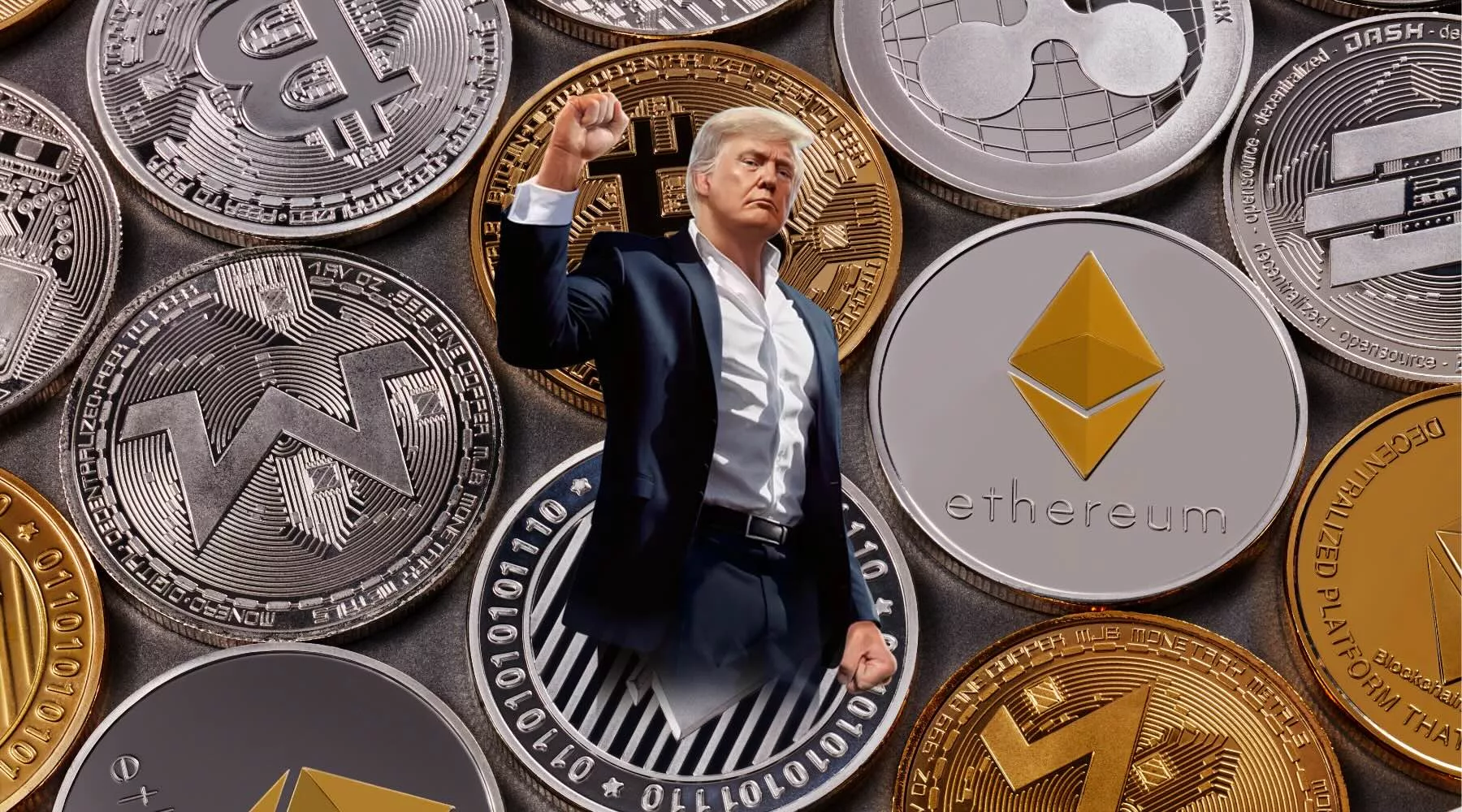 A vibrant and modern digital illustration of President Trump in a cheerful dining setting showcasing the $TRUMP Meme Coin.