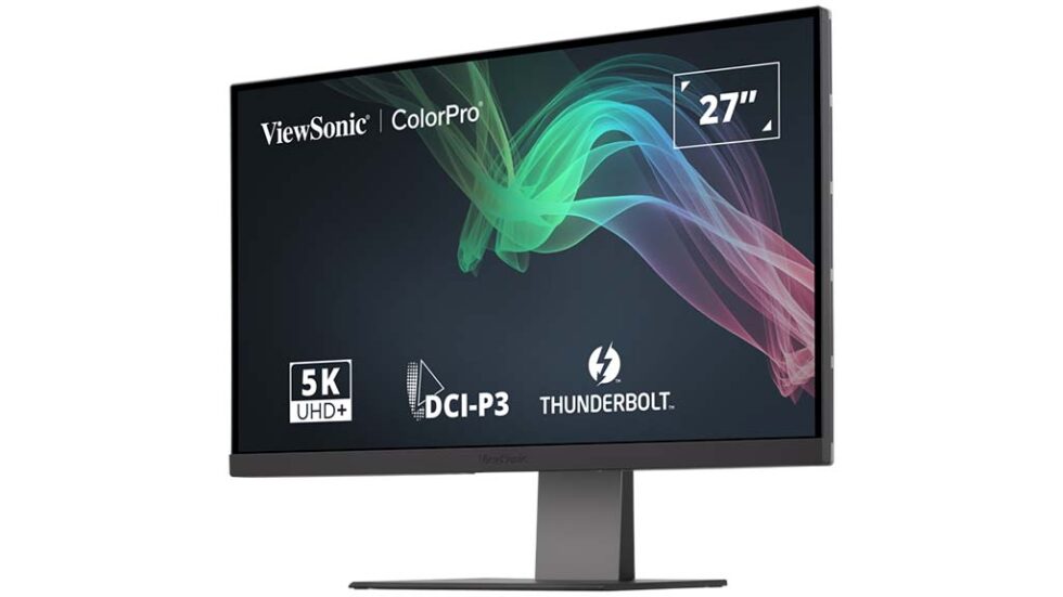 A modern workspace featuring the ViewSonic VP2788-5K monitor showcasing a vibrant 5K landscape.