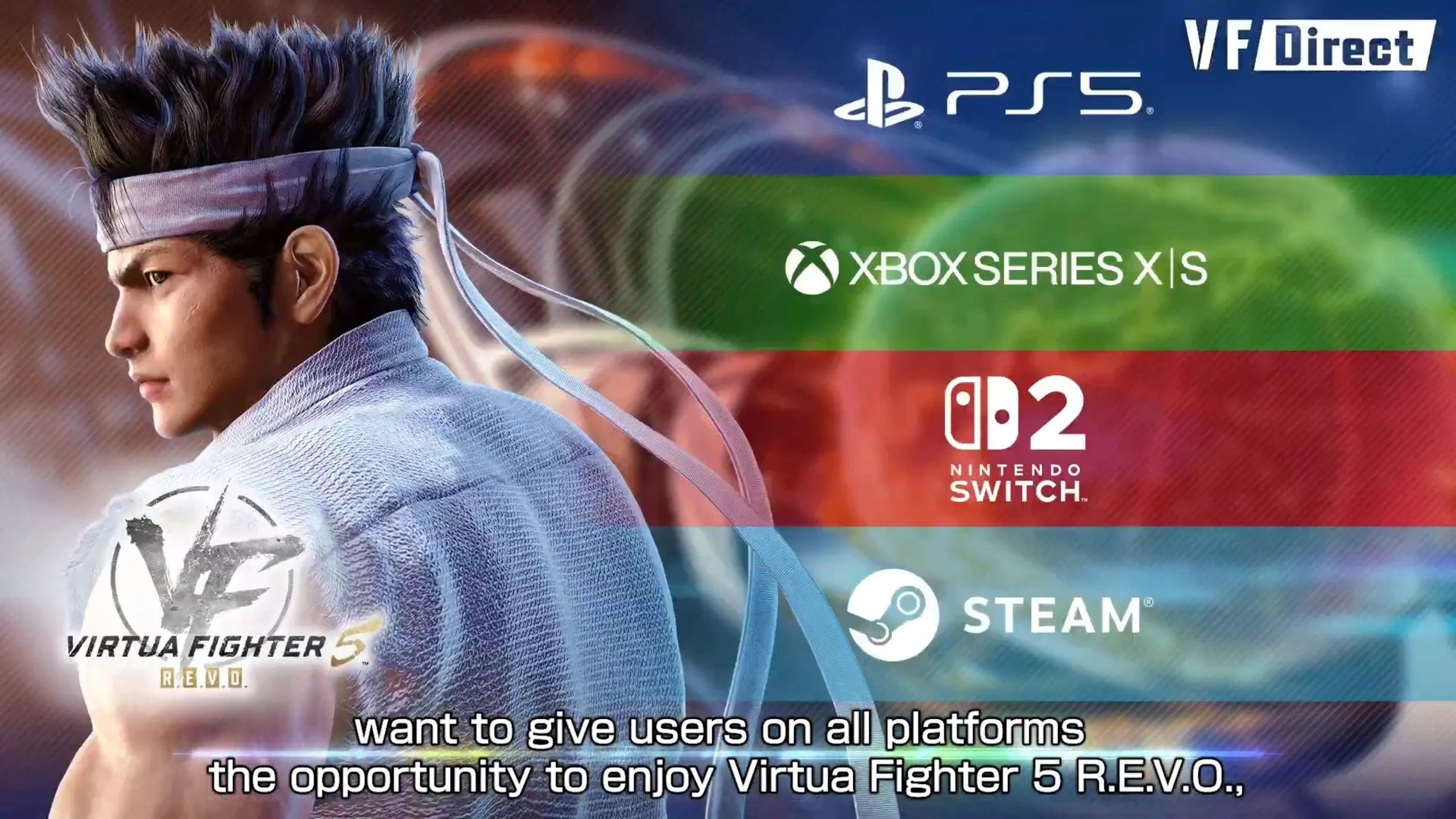 Futuristic artwork of Virtua Fighter 5 R.E.V.O. featuring dynamic action poses of characters with technological elements and vibrant colors.