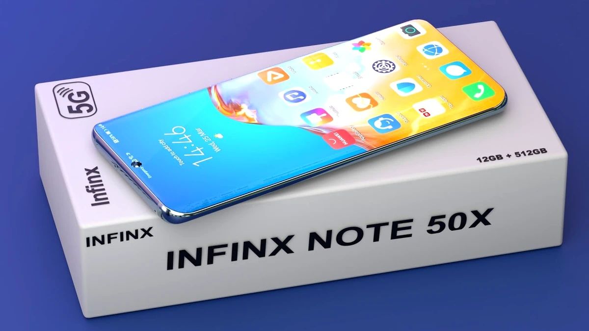 A modern aesthetic illustration of the Infinix Note 50X smartphone showcasing its features in a technological environment.