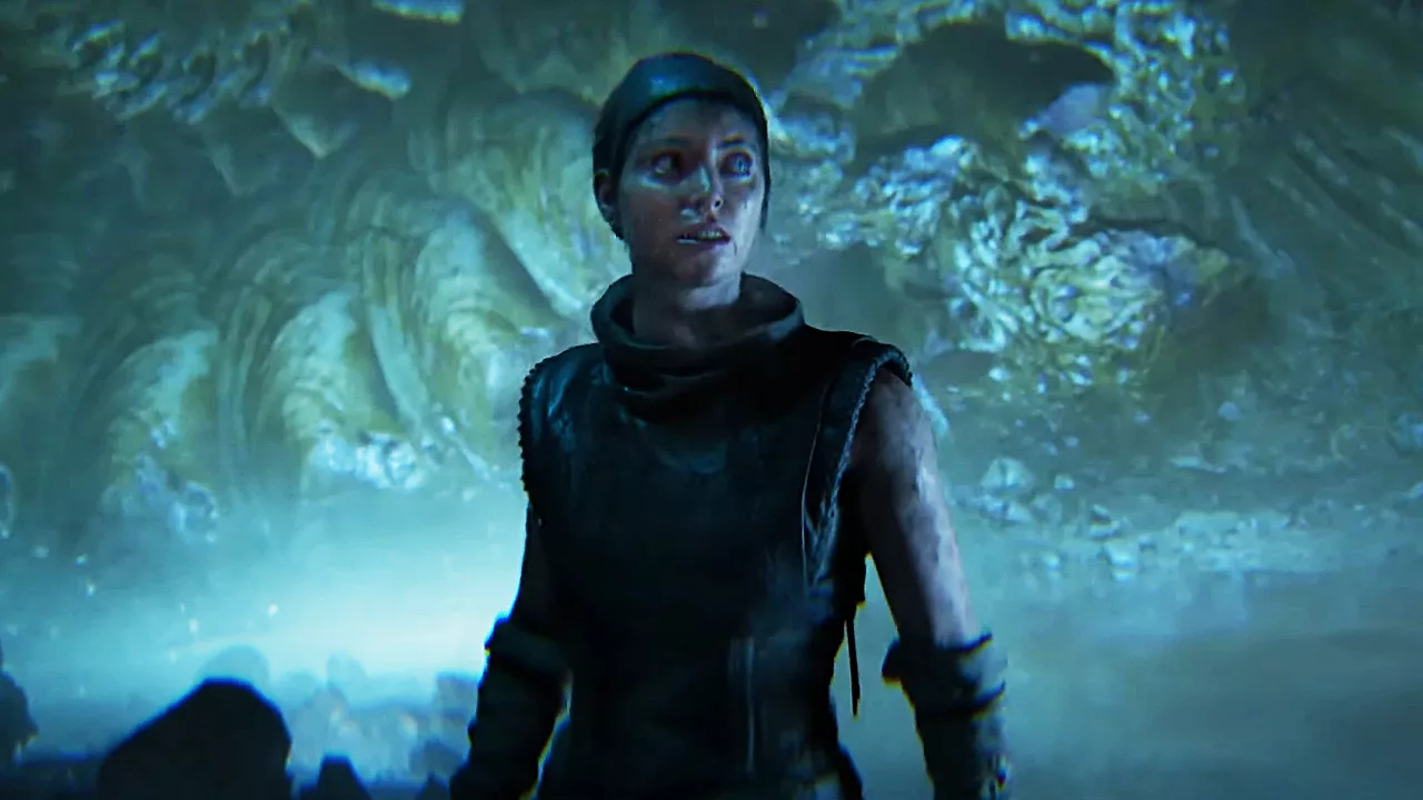 A digital artwork depicting Senua, a warrior, in a dark and mystical landscape inspired by Senua's Saga: Hellblade II.