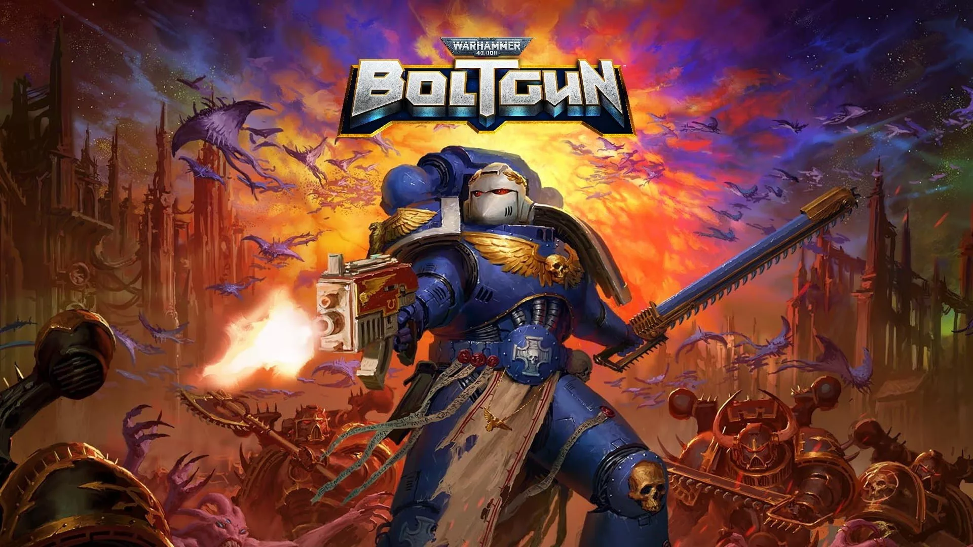 A futuristic Space Marine from Warhammer 40,000 in highly detailed armor, set against a dramatic sci-fi battlefield.