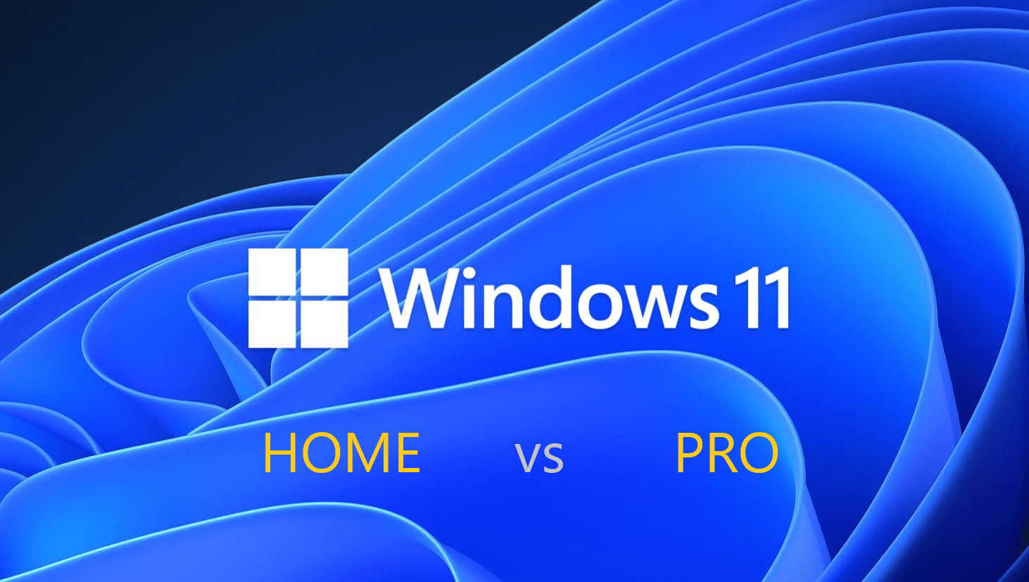 A modern graphic comparing features of Windows 11 Home and Pro editions, showcasing a sleek design with vibrant colors and tech-inspired elements.