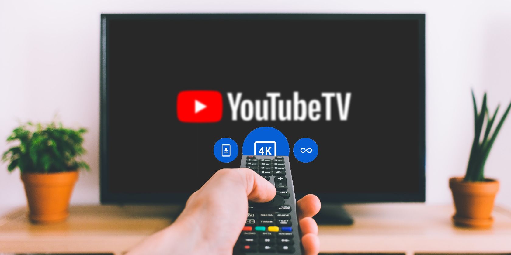 Illustration of YouTube TV interface with 4K content notification in a modern living room setting.