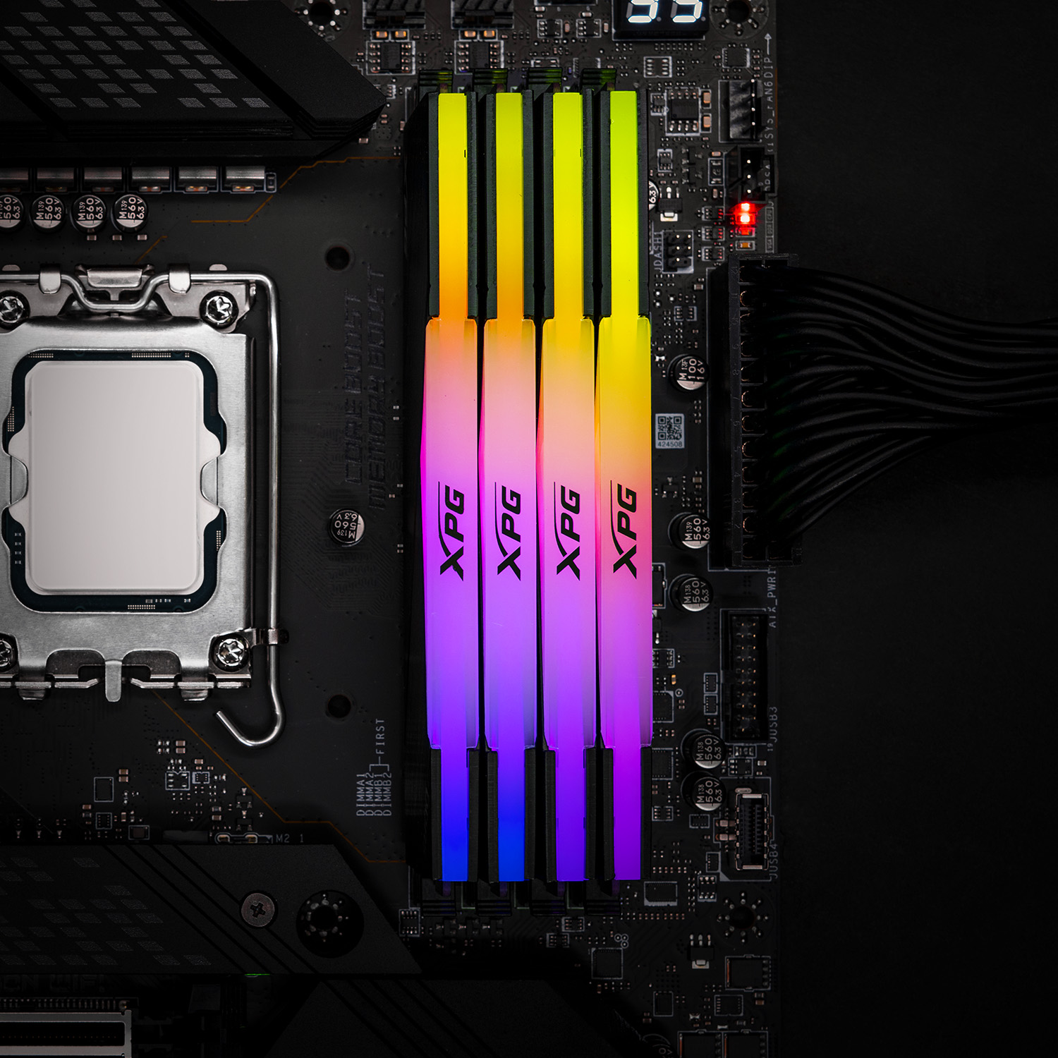 High-quality visual of XPG LANCER RGB DDR5 memory modules showcasing vibrant RGB lighting and modern design.