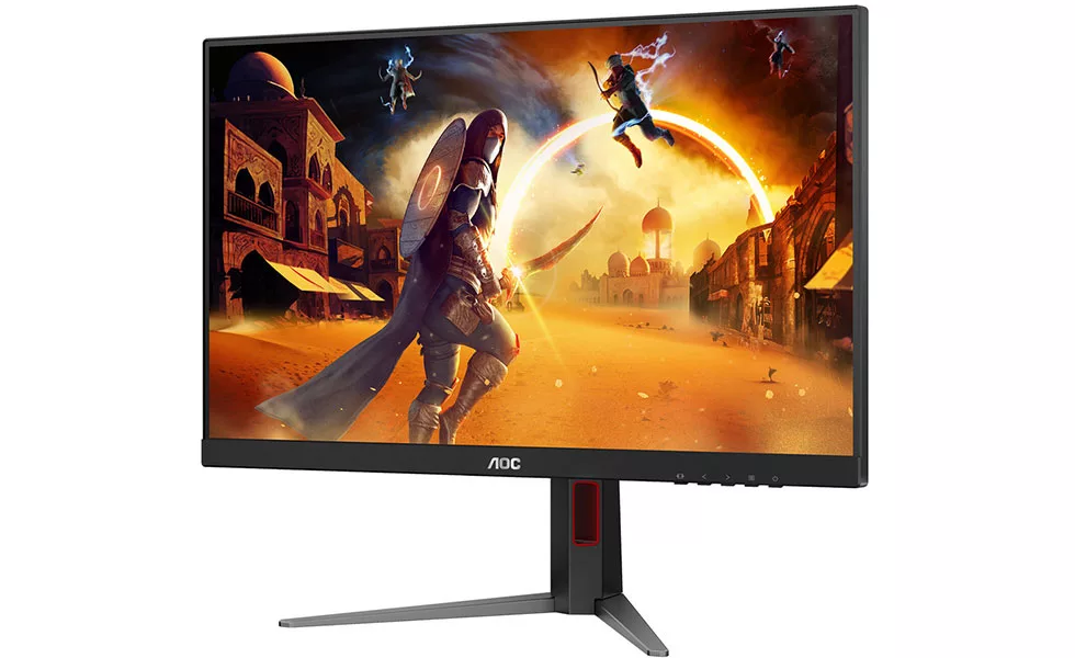 Aesthetic image of the AOC U27G4R gaming monitor in a vibrant gaming setup with RGB lighting and gaming accessories.
