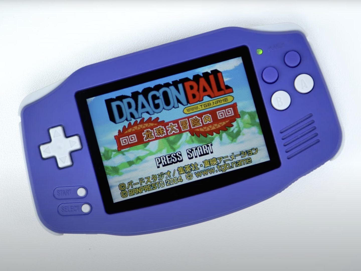 Anbernic RG34XX handheld console in a futuristic setting, with glowing effects and a nostalgic color scheme.